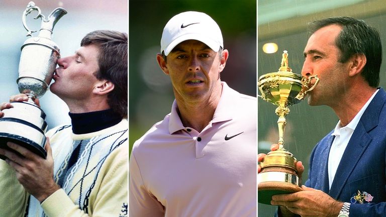 Nick Faldo, Rory McIlroy and Seve Ballesteros (pics: AP Photo/Staff/Peter Kemp, AP Photo/Chris Carlson, AP Photo/Laurent Rebours)