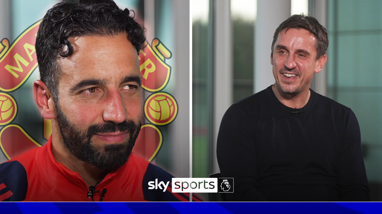 Ruben Amorim speaks to Gary Neville.