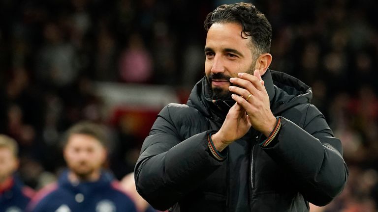 Manchester United's head coach Ruben Amorim applauds to supporters prior the Europa League opening phase soccer match between Manchester United and Bodo Glimt, at the Old Trafford stadium in Manchester, England, Thursday, Nov. 28, 2024. (AP Photo/Dave Thompson)