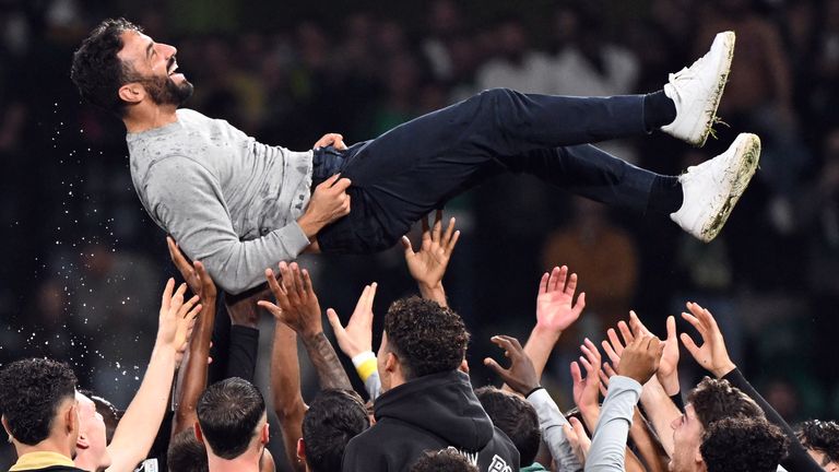 Sporting Lisbon manager Ruben Amorim is thrown into the air by his players after the final whistle…