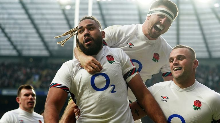 England's Chandler Cunningham-South celebrates scoring their side's first try against Australia