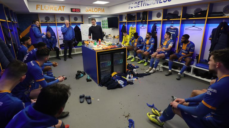 Sam Ricketts the Shrewsbury Town head coach / manager gives his half time team talk in the home dressing room during the FA Cup Fourth Round match between Shrewsbury Town and Liverpool at New Meadow on January 26, 2020 in Shrewsbury, England