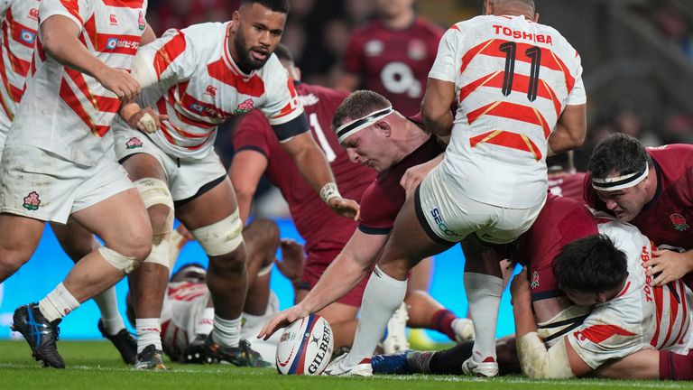 England's Sam Underhill scores their second try (AP Photo/Alastair Grant)