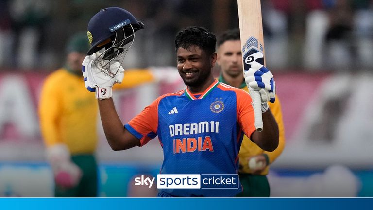 India's batsman Sanju Samson celebrates his century during the T20 International cricket match between South Africa and India, at Kingsmead stadium in Durban, South Africa, Friday, Nov. 8, 2024.