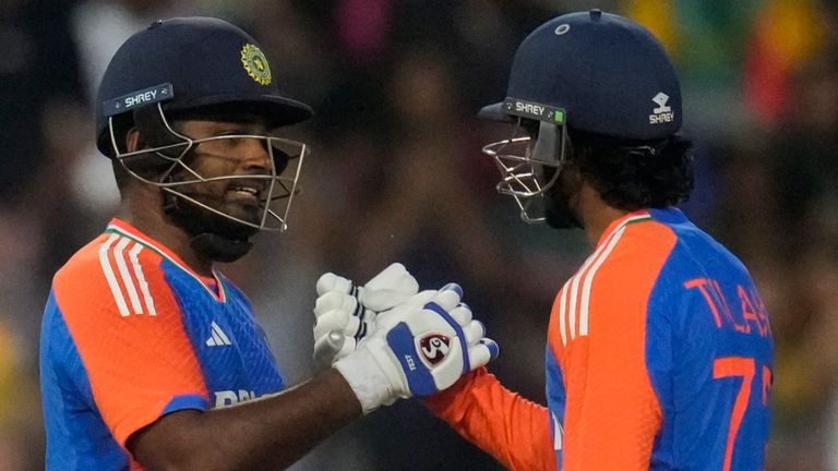 India's Sanju Samson (left) and Tilak Varma (right) scored centuries in the fourth T20 international against South Africa (Associated Press)