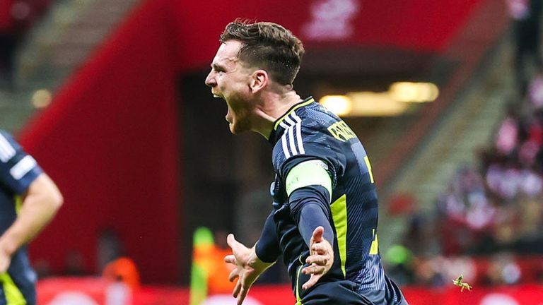 Scotland's Andy Robertson celebrates after scoring to make it 2-1 during the UEFA Nations League 2024/25 League A Group A1 match between Poland and Scotland at the PGE Narodowy, on November 18, 2024, in Warsaw, Poland. (Photo by Craig Williamson / SNS Group)