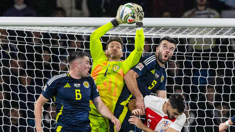 GLASGOW, SCOTLAND  - NOVEMBER 15: Scotland's Craig Gordon claims the ball during the UEFA Nations League 2024/25 League A Group A1 match between Scotland and Croatia at Hampden Park, on November 15, 2024, in Glasgow, Scotland. (Photo by Craig Williamson / SNS Group)