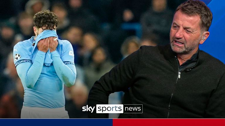 Manchester City's Josko Gvardiol reacts after Feyenoord's Santiago Gimenez scored a goal during the Champions League opening phase soccer match between Manchester City and Feyenoord at the Etihad Stadium in Manchester, England, Tuesday, Nov. 26, 2024.