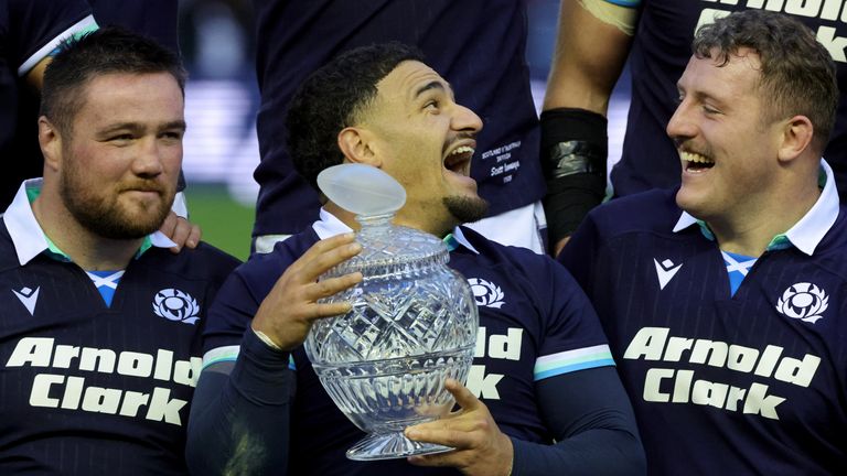 Scotland's Sione Tuipulotu with the Hopetoun Cup after beating Australia