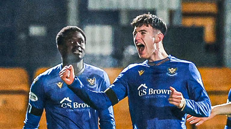 PERTH, SCOTLAND - NOVEMBER 23: St Johnstone's Makenzie Kirk celebrates scoring to make it 1-0  during a William Hill Premiership match between St Johnstone and Kilmarnock at McDiarmid Park on November 23, 2024, in Perth, Scotland. (Photo by Roddy Scott / SNS Group)