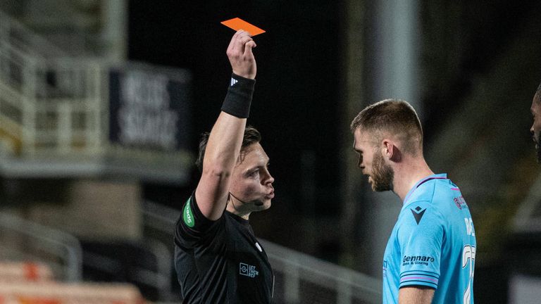 St Mirren's Marcus Fraser is shown a red card after a VAR check