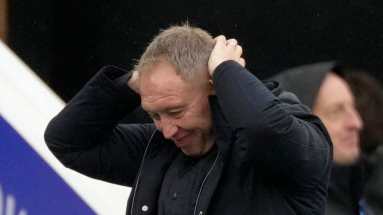 Leicester's head coach Steve Cooper reacts during the English Premier League soccer match between Leicester City and Chelsea at King Power stadium in Leicester, England, Saturday, Nov. 23, 2024. (AP Photo/Dave Shopland)