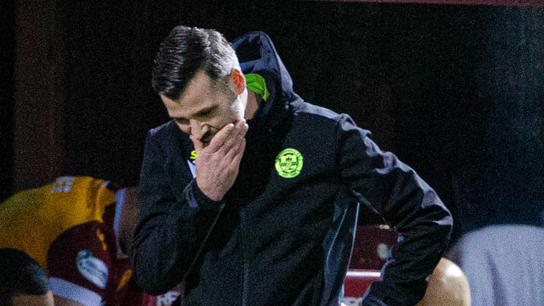 Motherwell head coach Stuart Kettlewell looks dejected at full time 