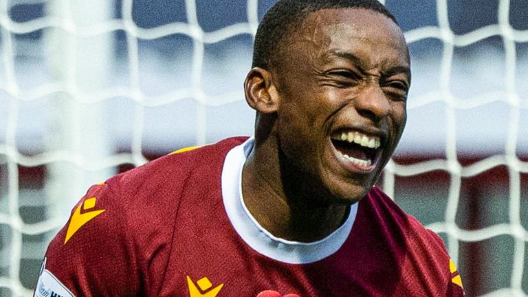 MOTHERWELL, SCOTLAND - NOVEMBER 09: Motherwell's Tawanda Maswanhise celebrates as he scores to make it 1-0 during a William Hill Premiership match between Motherwell and St Johnstone at Fir Park, on November 09, 2024, in Motherwell, Scotland. (Photo by Craig Foy / SNS Group)