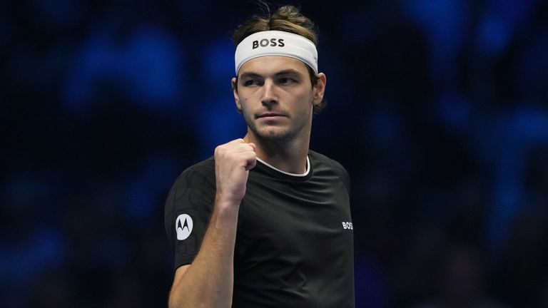 United States' Taylor Fritz reacts during the singles tennis match of the ATP World Tour Finals against Italy's Jannik Sinner, at the Inalpi Arena, in Turin, Italy, Tuesday, Nov. 12, 2024. (AP Photo/Antonio Calanni)