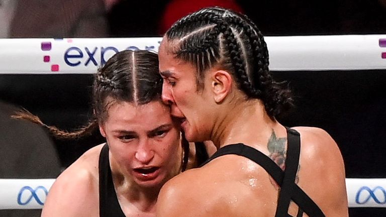 Texas , United States - 15 November 2024; Katie Taylor, left, and Amanda Serrano during their undisputed super lightweight championship fight at AT&T Stadium in Arlington, Texas, USA. (Photo By Stephen McCarthy/Sportsfile via Getty Images)