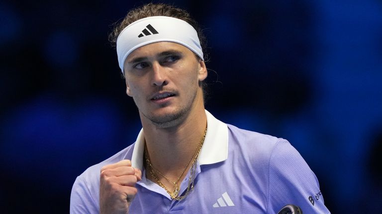 Germany's Alexander Zverev celebrates after winning the singles tennis match of the ATP World Tour Finals against Norway's Casper Ruud