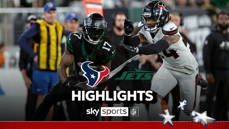 New York Jets wide receiver Davante Adams (17) drops a pass in front of Houston Texans cornerback Derek Stingley Jr. (24) during an NFL football game Thursday, Oct. 31, 2024, in East Rutherford, N.J. (AP Photo/Adam Hunger)


