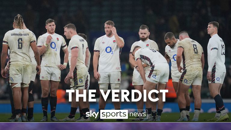 England players reacts after the end of the Autumn Nations series rugby union match between England and South Africa, at Twickenham, in London, Saturday, Nov. 16, 2024, South Africa won the game 29-20. (AP Photo/Kin Cheung)