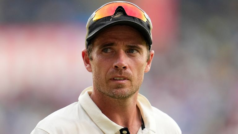 New Zealand's Tim Southee stands at his fielding position during the day three of the first cricket test match between India and New Zealand at the M.Chinnaswamy Stadium, in Bengaluru, India, Friday, Oct. 18, 2024. (AP Photo/Aijaz Rahi)