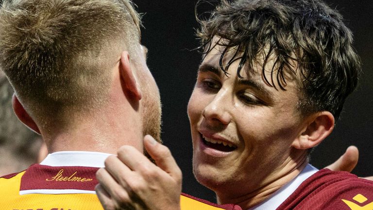 MOTHERWELL, SCOTLAND - NOVEMBER 09: Motherwell's Tom Sparow celebrates with Ewan Wilson as he scores to make it 2-0 during a William Hill Premiership match between Motherwell and St Johnstone at Fir Park, on November 09, 2024, in Motherwell, Scotland. (Photo by Craig Foy / SNS Group)