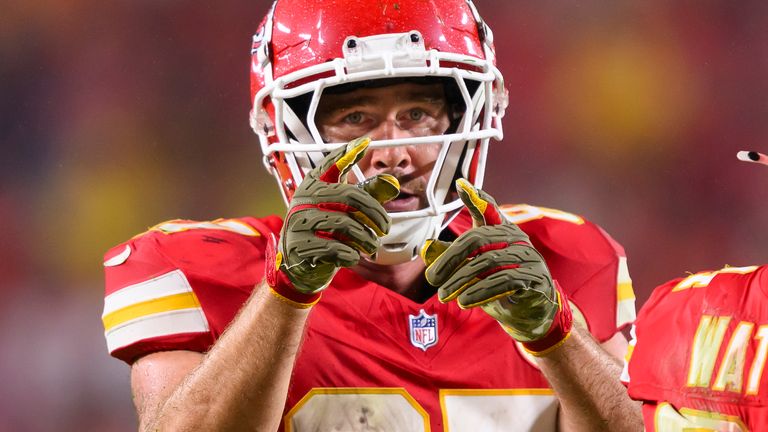 Kansas City Chiefs tight end Travis Kelce celebrates a first down against the Tampa Bay Buccaneers during overtime in an NFL football game, Monday, Nov. 4, 2024 in Kansas City, Mo. The Chiefs defeated the Buccaneers, 30-24. (AP Photo/Reed Hoffmann)