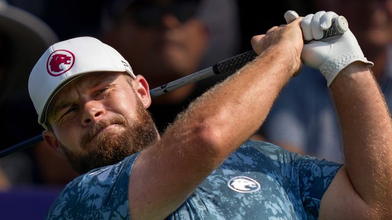 Tyrell Hatton of England hits off the first tee during the first round of World Tour Golf Championship in Dubai, United Arab Emirates, Thursday, Nov. 14, 2024. (AP Photo/Altaf Qadri) 