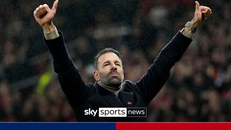 Manchester United's head coach Ruud van Nistelrooij celebrates at the end of the English Premier League soccer match between Manchester United and Leicester City, at the Old Trafford stadium in Manchester, England, Sunday, Nov.10, 2024. 