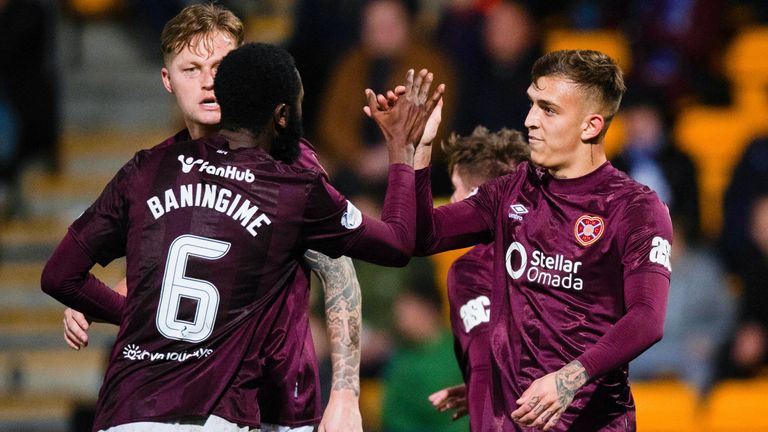 PERTH, SCOTLAND - NOVEMBER 02: Hearts' Kenneth Vargas (R) celebrates scoring to make it 2-1 with teammate Ben Baningime (L) during a William Hill Premiership match between St Johnstone and Heart of Midlothian at McDiarmid Park, on November 02, 2024, in Perth, Scotland. (Photo by Sammy Turner / SNS Group)