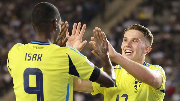 Sweden's Alexander Isak, left, celebrates with Viktor Gyokeres after scoring his side's second goal during the UEFA Nations League soccer match between Azerbaijan and Sweden at the Tofiq Bahramov Republican stadium in Baku, Azerbaijan, Thursday, Sept. 5, 2024. (AP Photo)