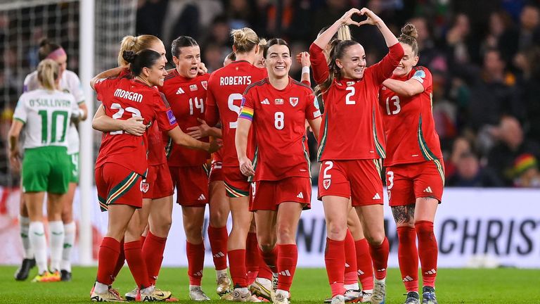 Wales, United Kingdom - November 29, 2024; Lily Woodham of Wales, at Center, is celebrating after scoring its first team goal during the first rotation match in the first round of the UEFA team for women 2025 between Wales and the Republic of Ireland at Cardiff City Stadium in Wales. (SPORTSFILE/SPORTSFILE via Getty Images)