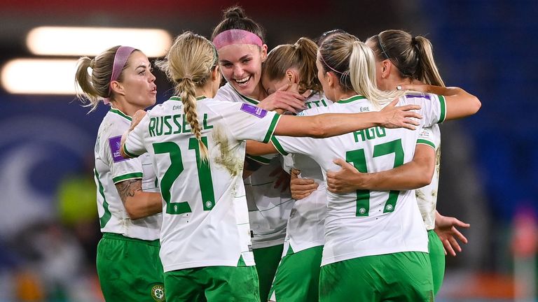 Wales , United Kingdom - 29 November 2024; Republic of Ireland players celebrate their first goal, scored by Ruesha Littlejohn, centre, during the UEFA Women's EURO 2025 Play-off Round Two first leg match between Wales and Republic of Ireland at Cardiff City Stadium in Wales. (Photo By Stephen McCarthy/Sportsfile via Getty Images)