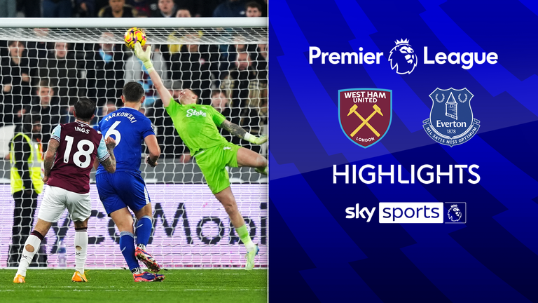 Everton goalkeeper Jordan Pickford saves a shot from West Ham United's Jarrod Bowen during the Premier League match at the London Stadium. Picture date: Saturday November 9, 2024.