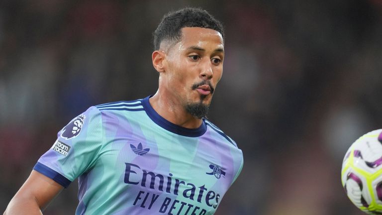 Arsenal's William Saliba in action during the English Premier League soccer match between Bournemouth and Arsenal at the Vitality Stadium in Bournemouth, England, Saturday, Oct. 19, 2024. (AP Photo/Kin Cheung)