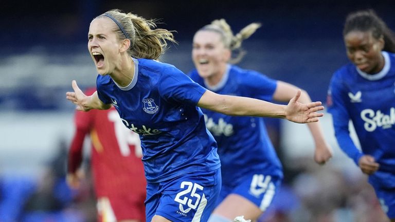 Katja Snoeijs celebrates after scoring from the penalty spot to give Everton the lead against Liverpool