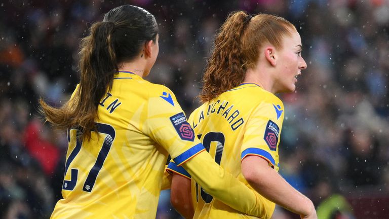 Annabel Blanchard is congratulated after scoring a late equaliser for Crystal Palace at Aston Villa