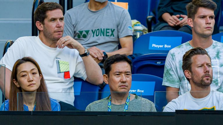 Yutaka Nakamura (front center), strength coach and Wim Fiset (front right), coach support Naomi Osaka of Japan in her second-round singles match against Madison Pringle of the United States during day three of the 2022 Australian Open at Melbourne Park on January 19, 2022 in Melbourne, Australia. (Photo by Andy Cheung/Getty Images)