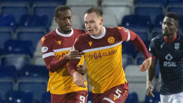 DINGWALL, SCOTLAND - NOVEMBER 23: Motherwell's Zach Robinson (L) celebrates scoring to make it 2-1 with Kofi Balmer during a William Hill Premiership match between Ross County and Motherwell at the Global Energy Stadium on November 23, 2024, in Dingwall, Scotland. (Photo by Mark Scates / SNS Group)