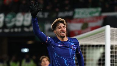 Chelsea striker Marc Guiu celebrates scoring his third