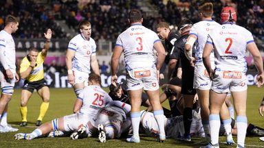 Rhys Carre (obscured) was among the try scorers for Saracens in their victory. 