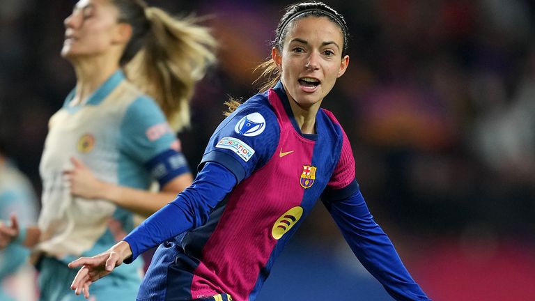 BARCELONA, SPAIN - DECEMBER 18: Aitana Bonmati of FC Barcelona celebrates scoring her team's second goal during the UEFA Women's Champions League match between FC Barcelona and Manchester City at Estadi Johan Cruyff on December 18, 2024 in Barcelona, Spain. (Photo by Alex Caparros - UEFA/UEFA via Getty Images)