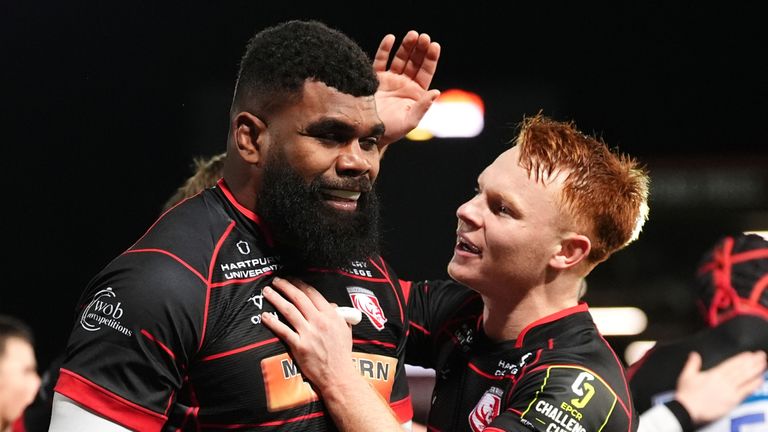 Gloucester's Albert Tuisue celebrates scoring their side's second try of the game during the Challenge Cup victory