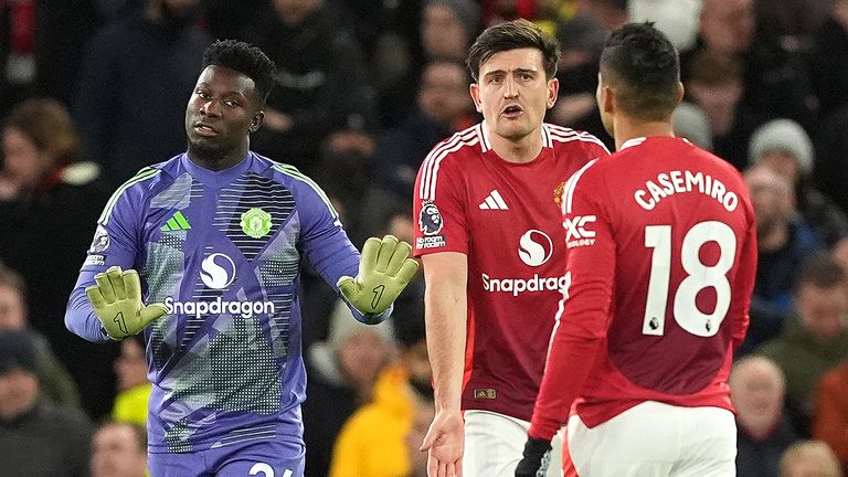 Andre Onana, Harry Maguire and Casemiro in discussion following Newcastle's opener