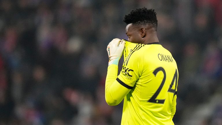 Manchester United's goalkeeper Andre Onana reacts during the Europa League soccer match between Viktoria Plzen and Manchester United at the Doosan Arena in Plzen, Czech Republic, Thursday, Dec. 12, 2024. (AP Photo/Petr David Josek)