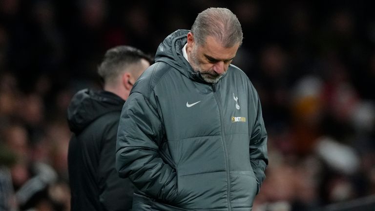 Ange Postecoglou reacts after Liverpool's fifth goal (AP Photo/Dave Shopland)