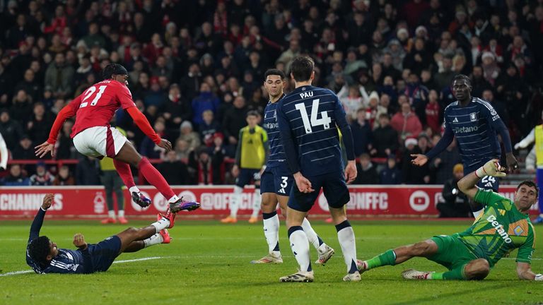 Anthony Elanga scores Nottingham Forest's late winner in a 2-1 victory against Aston Villa