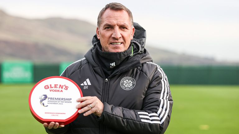 LENNOXTOWN, SCOTLAND - DECEMBER 06: Celtic Manager Brendan Rodgers is pictured as he wins the November Manager of the Month award at Lennoxtown Training Centre, on December 06, 2024, in Lennoxtown, Scotland.  (Photo by Craig Williamson / SNS Group)