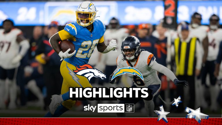 Los Angeles Chargers running back Hassan Haskins (28) runs with the ball past Denver Broncos safety P.J. Locke (6) during an NFL football game, Thursday, Dec. 19, 2024, in Inglewood, Calif. (AP Photo/Kyusung Gong)


