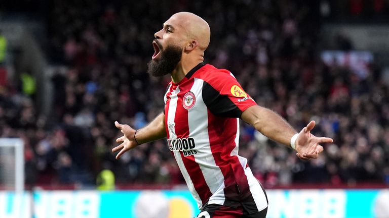 Brentford's Bryan Mbeumo celebrates scoring their side's first goal of the game