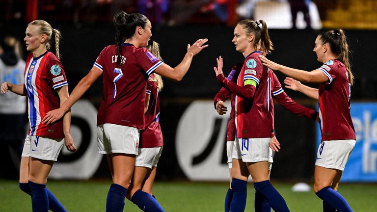 Antrim , United Kingdom - 29 November 2024; Caroline Graham Hansen of Norway, centre, celebrates with team-mates after scoring her side's third goal during the UEFA Women's EURO 2025 Play-off round two first leg match between Northern Ireland and Norway at Inver Park in Larne, Antrim. (Photo By Shauna Clinton/Sportsfile via Getty Images)